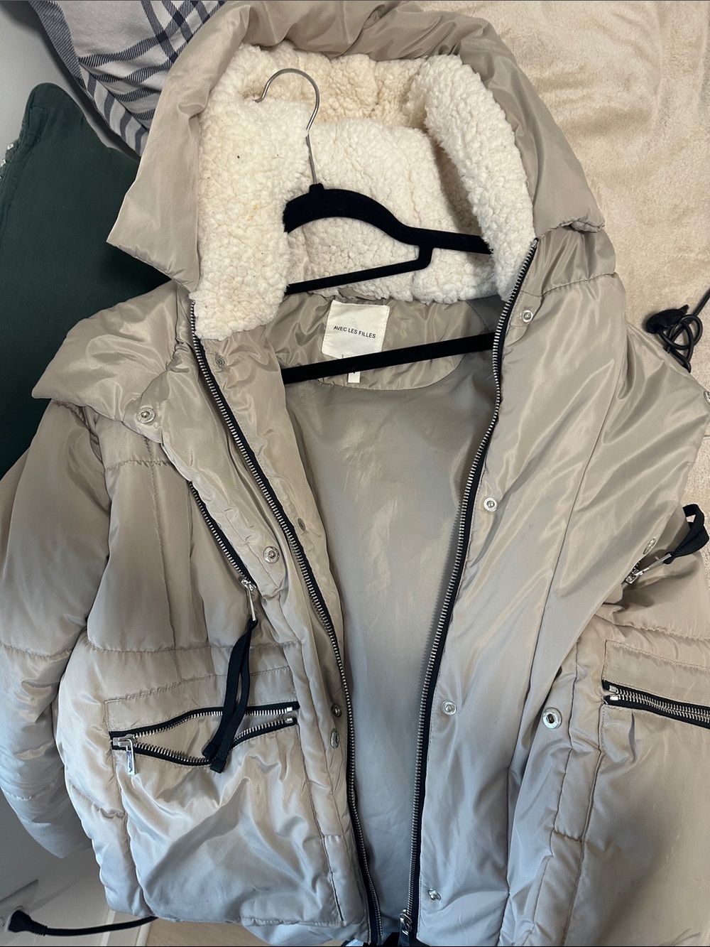 Neutral Beige Puffer Coat with Faux Shearling Collar